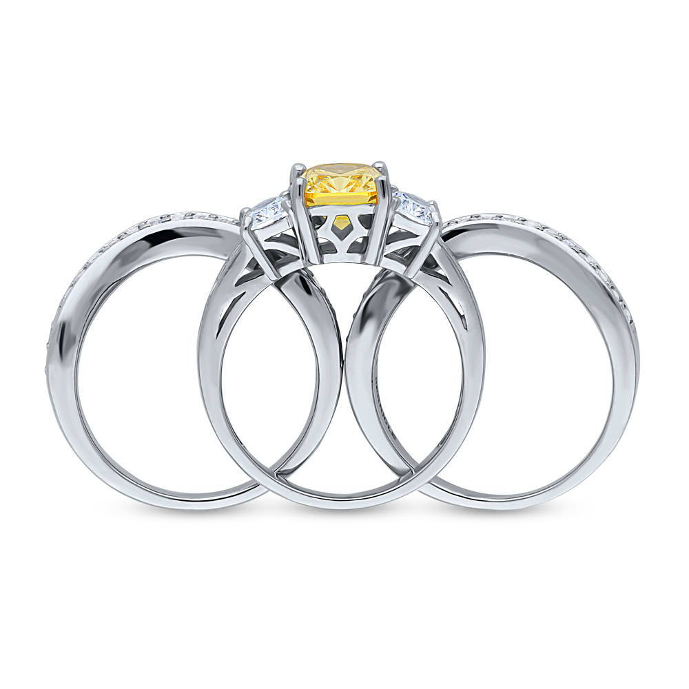 Alternate view of 3-Stone Canary Yellow Cushion CZ Ring Set in Sterling Silver, 7 of 8