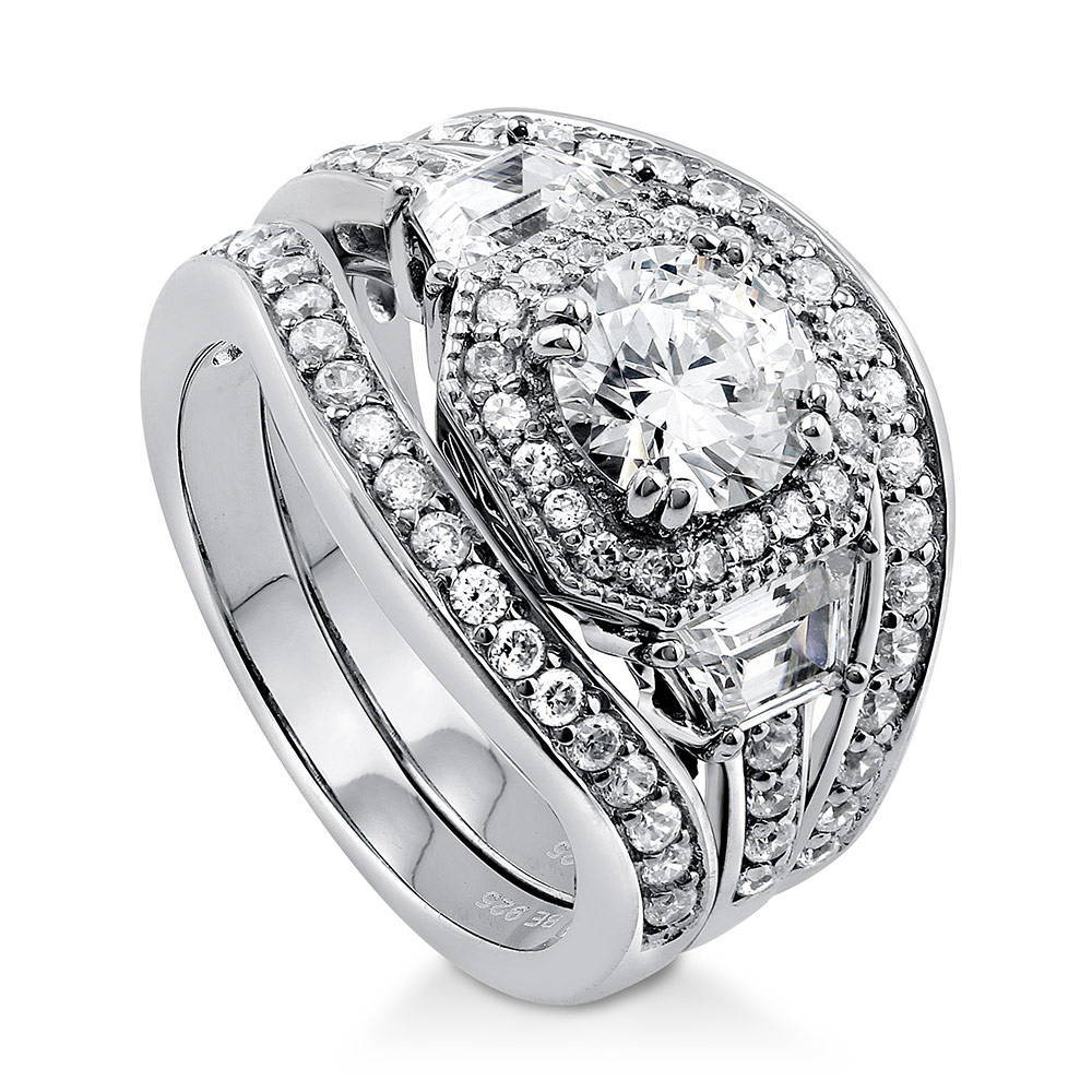 Sterling Silver Halo Art Deco CZ Wedding Engagement Ring Set