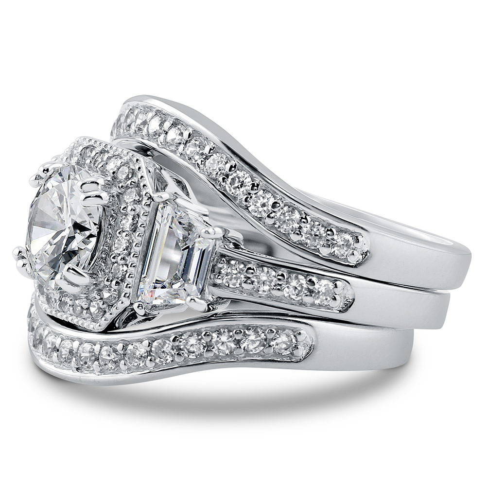Angle view of Halo Art Deco Round CZ Ring Set in Sterling Silver, 4 of 14