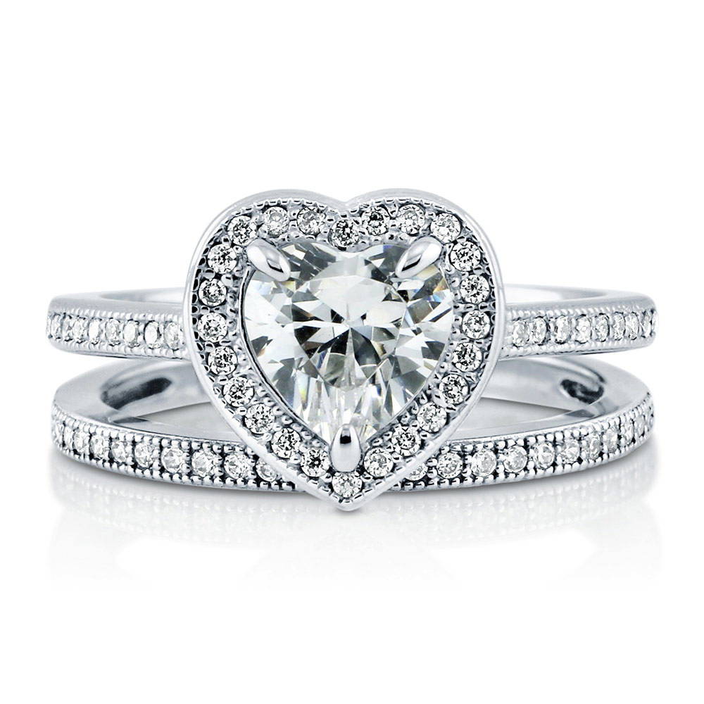 Halo Heart Heart CZ Ring Set in Sterling Silver, 1 of 8