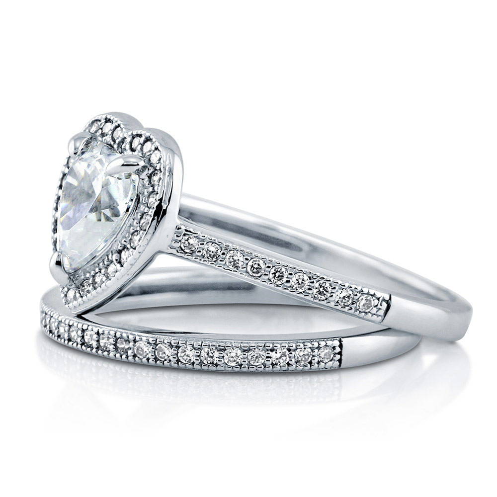 Angle view of Halo Heart Heart CZ Ring Set in Sterling Silver, 5 of 8