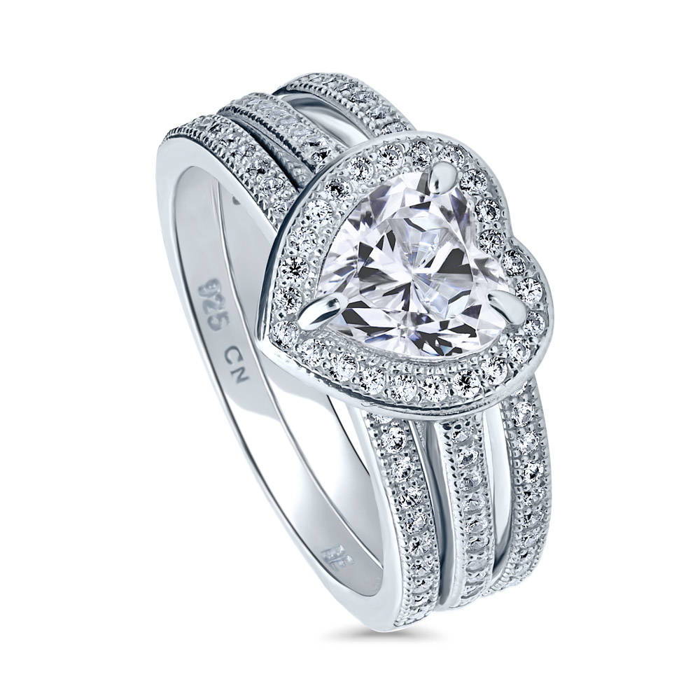 Front view of Halo Heart Heart CZ Ring Set in Sterling Silver, 4 of 8