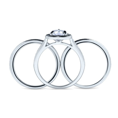 Halo Heart Heart CZ Ring Set in Sterling Silver