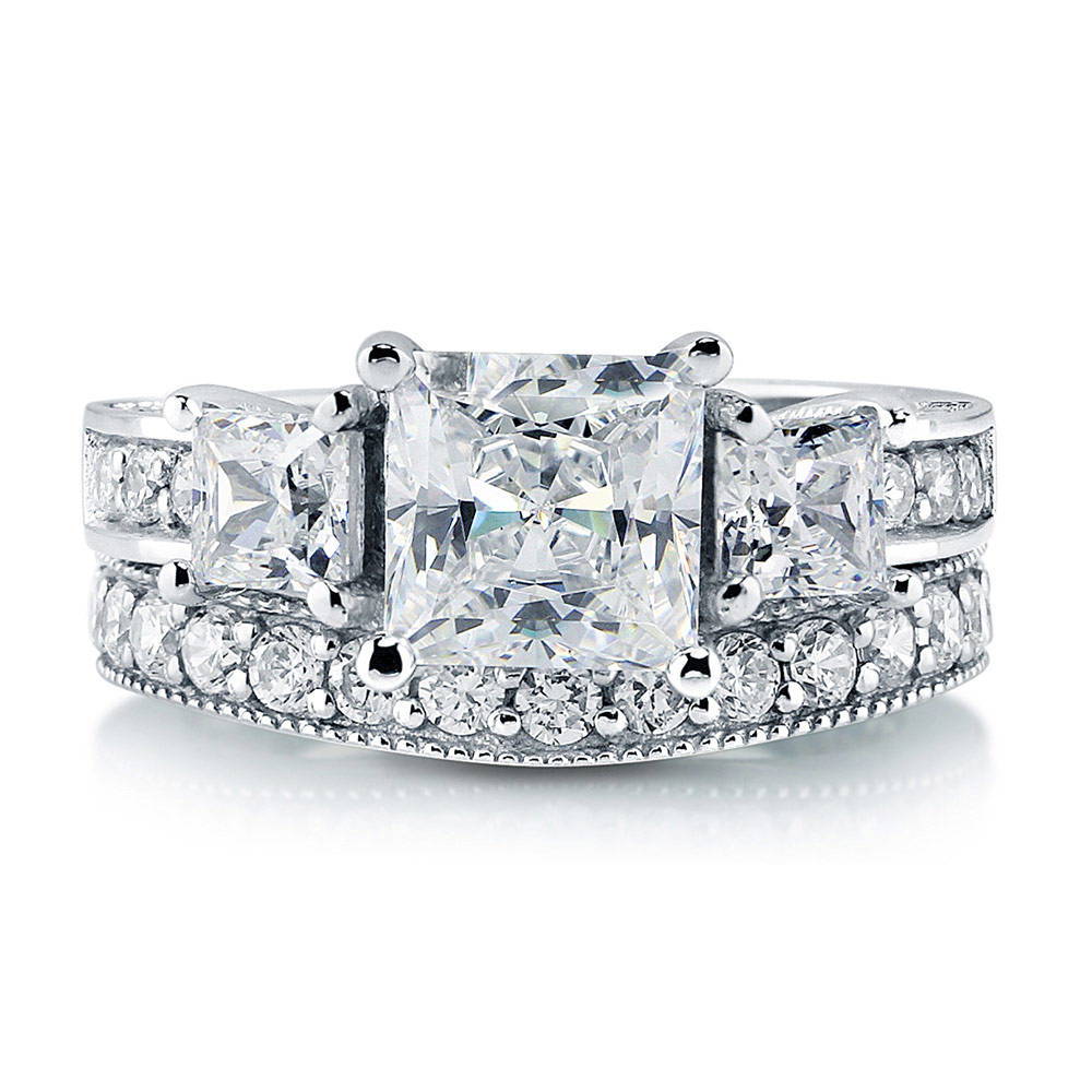 3-Stone Princess CZ Ring Set in Sterling Silver, 1 of 17