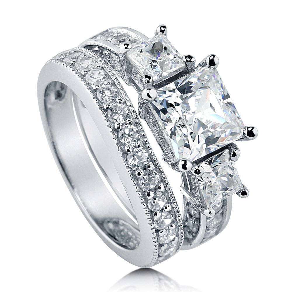 Front view of 3-Stone Princess CZ Ring Set in Sterling Silver, 3 of 15