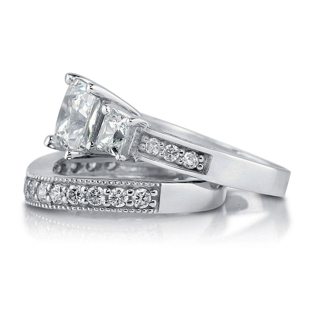 Angle view of 3-Stone Princess CZ Ring Set in Sterling Silver, 4 of 15