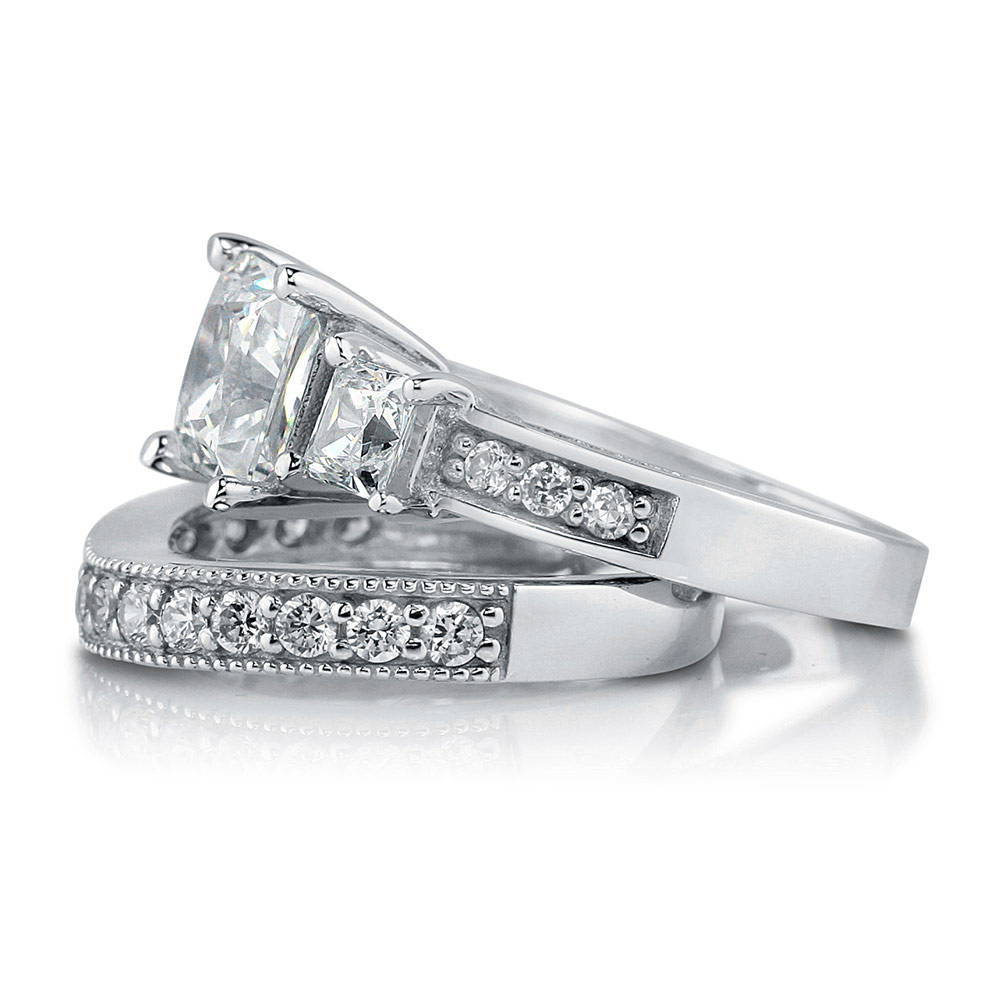 Angle view of 3-Stone 2ct Princess CZ Ring Set in Sterling Silver, 5 of 17