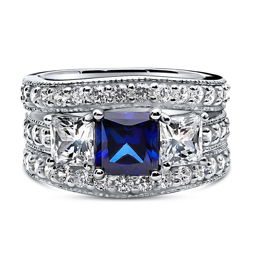 3-Stone Simulated Blue Sapphire Princess CZ Ring Set in Sterling Silver, 1 of 9
