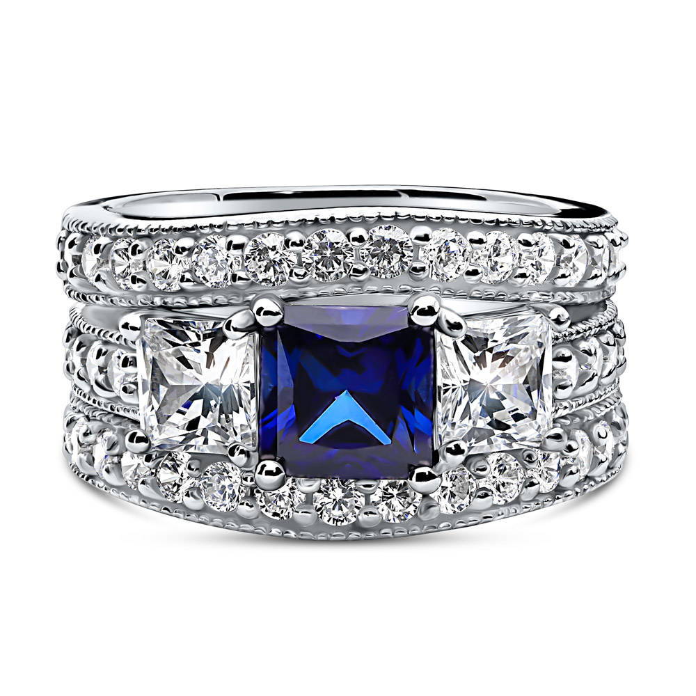 3-Stone Sapphire-Blue Princess CZ Ring Set in Sterling Silver, 1 of 9