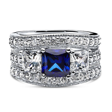 3-Stone Simulated Blue Sapphire Princess CZ Ring Set in Sterling Silver