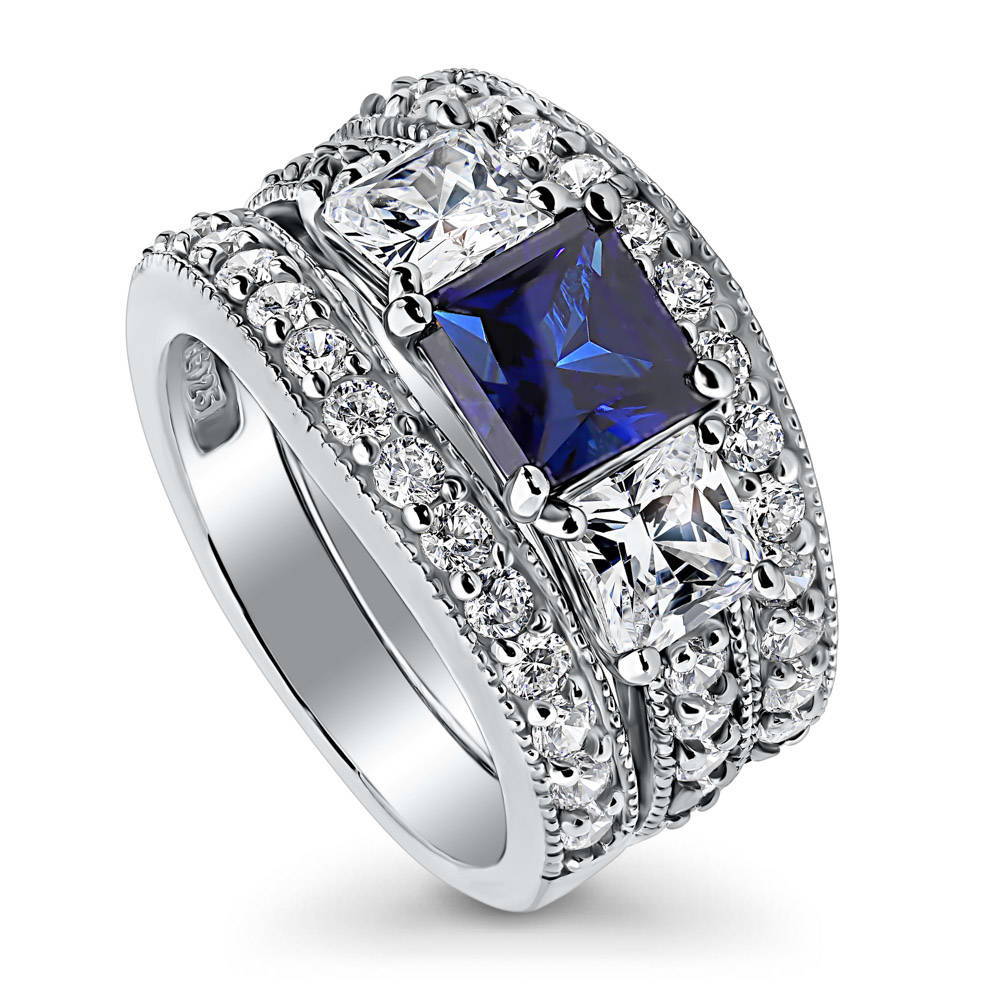 Front view of 3-Stone Simulated Blue Sapphire Princess CZ Ring Set in Sterling Silver, 4 of 9