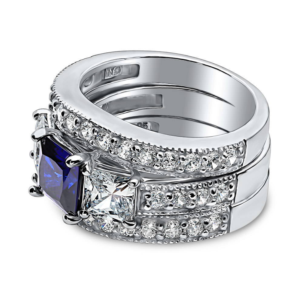 Angle view of 3-Stone Sapphire-Blue Princess CZ Ring Set in Sterling Silver, 5 of 9