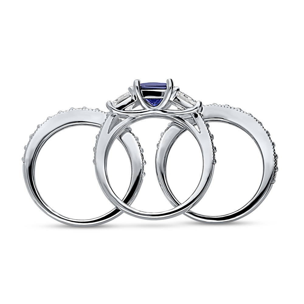 Alternate view of 3-Stone Sapphire-Blue Princess CZ Ring Set in Sterling Silver, 8 of 9
