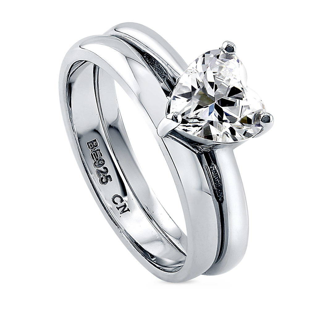 Front view of Solitaire Heart 1.1ct Heart CZ Ring Set in Sterling Silver, 4 of 8
