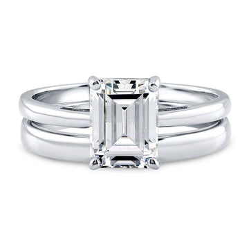 Solitaire 2.1ct Emerald Cut CZ Ring Set in Sterling Silver