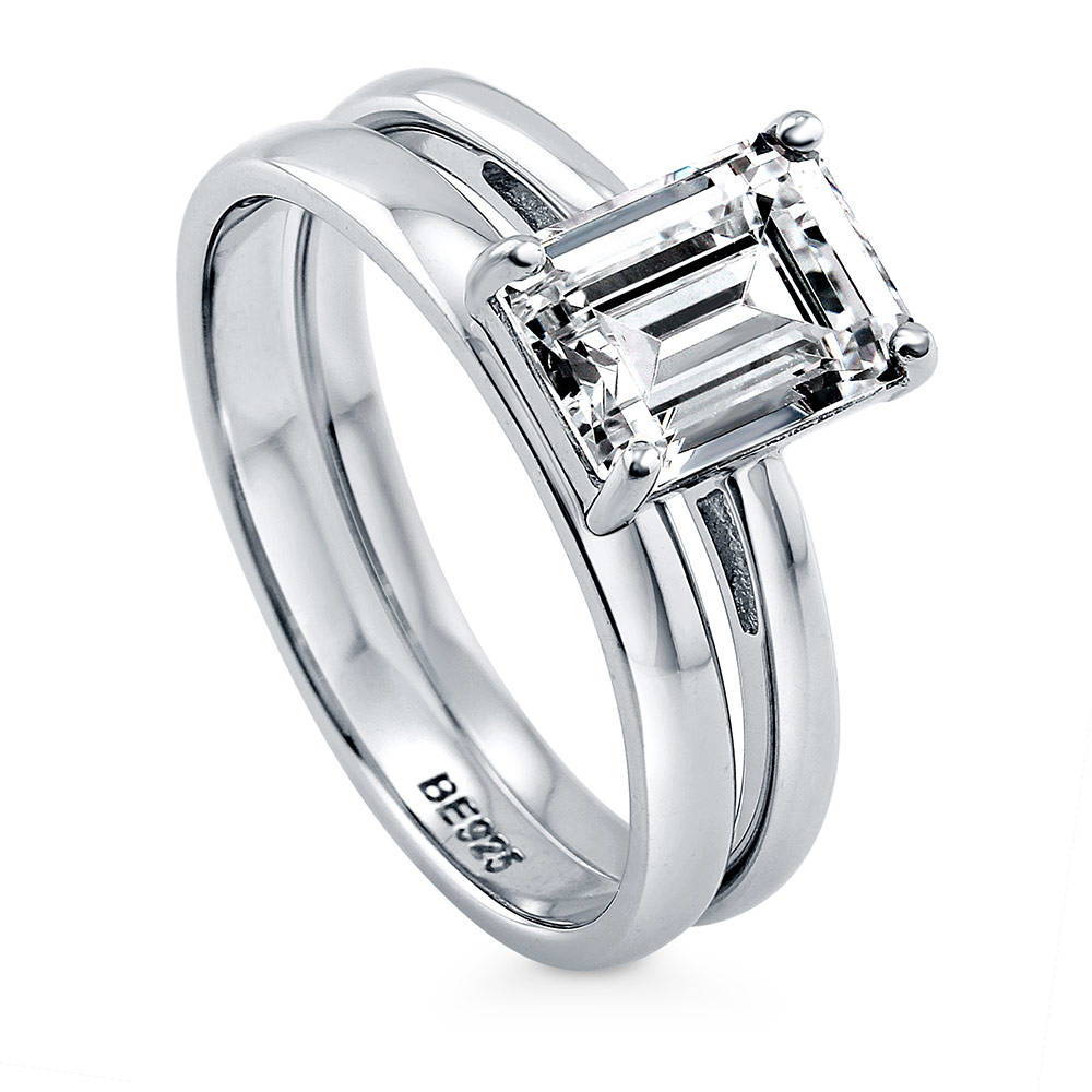 Front view of Solitaire 2.1ct Emerald Cut CZ Ring Set in Sterling Silver, 3 of 12