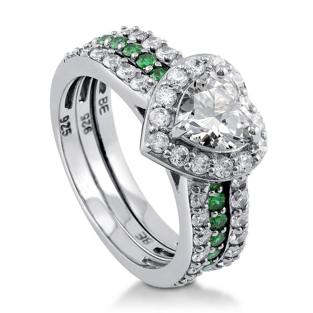 Front view of Halo Heart CZ Insert Ring Set in Sterling Silver, 4 of 9