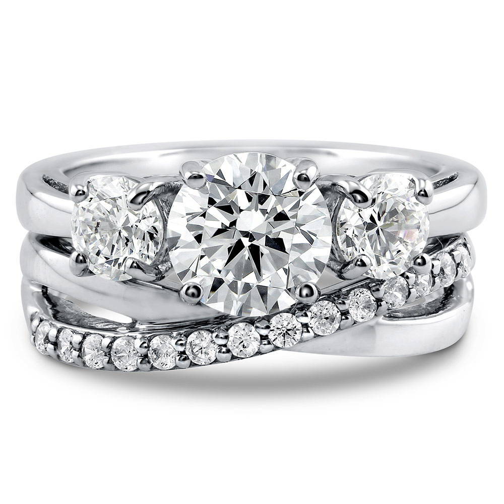 3-Stone Criss Cross Round CZ Ring Set in Sterling Silver, 1 of 14