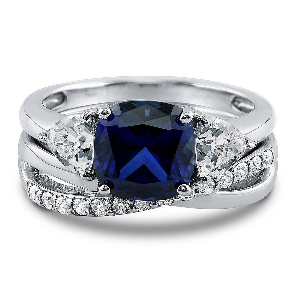 3-Stone Simulated Blue Sapphire Cushion CZ Ring Set in Sterling Silver, 1 of 17