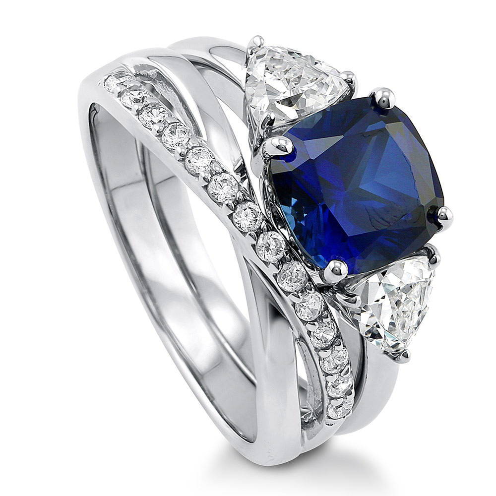 Front view of 3-Stone Simulated Blue Sapphire Cushion CZ Ring Set in Sterling Silver, 3 of 15
