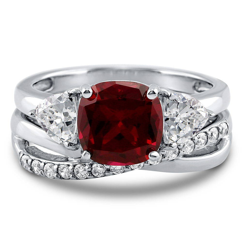 3-Stone Simulated Ruby Cushion CZ Ring Set in Sterling Silver, 1 of 12