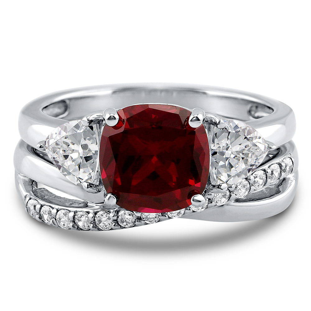 3-Stone Criss Cross 3ct Ruby-Red CZ Ring Set in Sterling Silver