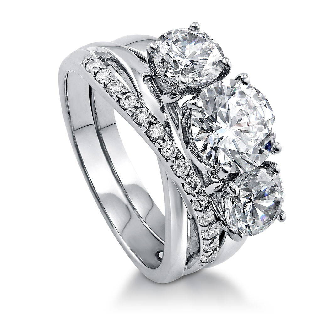 Front view of 3-Stone Criss Cross Round CZ Ring Set in Sterling Silver, 3 of 17