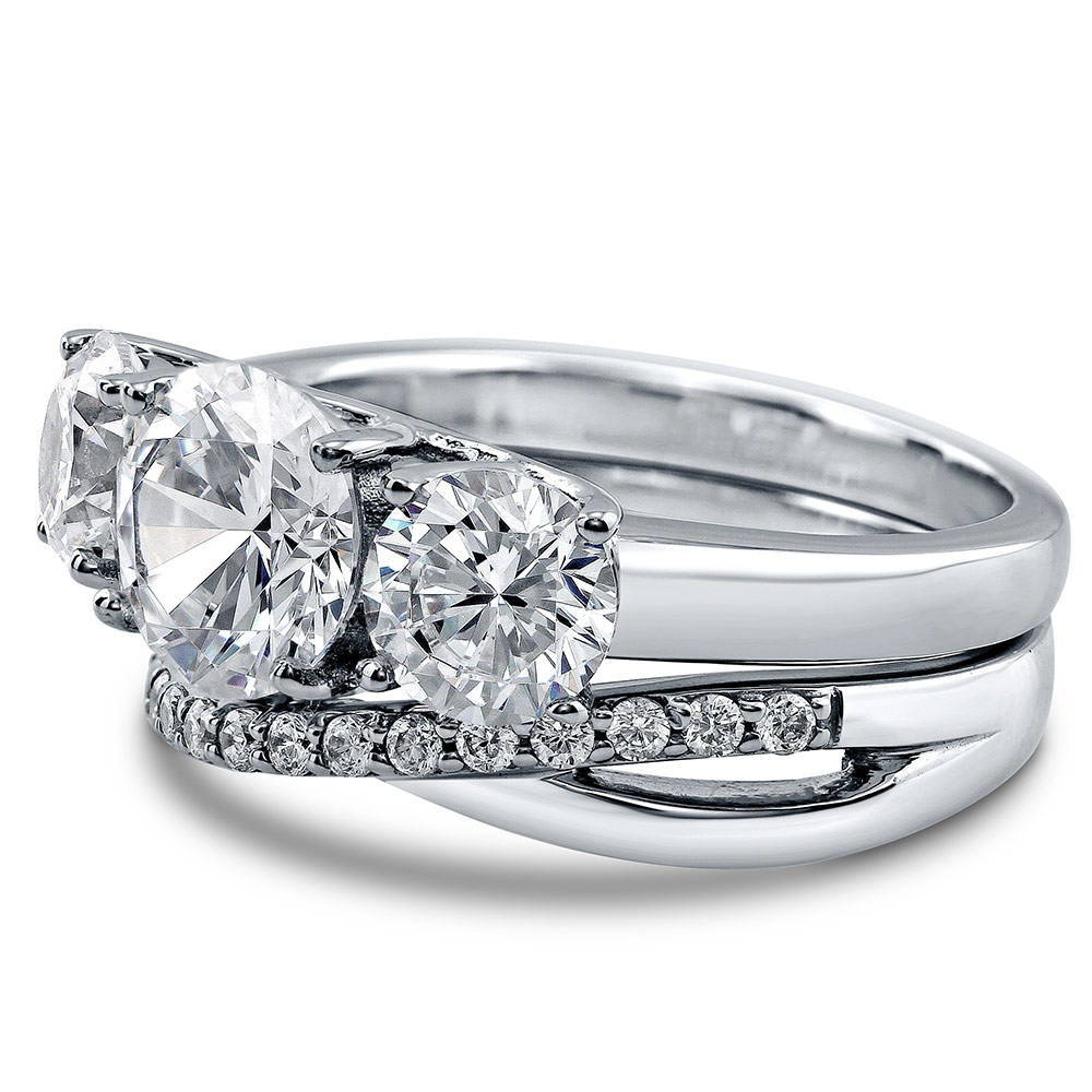 Angle view of 3-Stone Criss Cross Round CZ Ring Set in Sterling Silver, 4 of 17