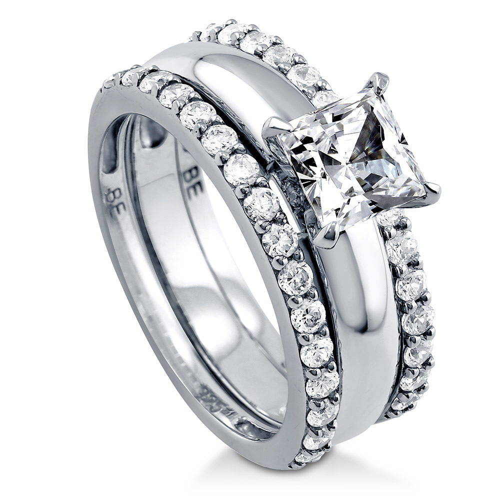 Front view of Solitaire 1.2ct Princess CZ Ring Set in Sterling Silver, 4 of 12