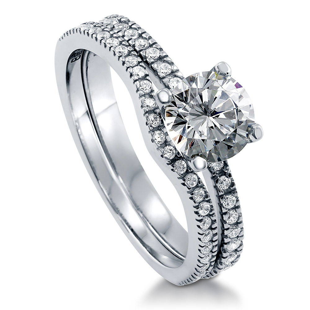 Front view of Solitaire 1ct Round CZ Ring Set in Sterling Silver, 3 of 11