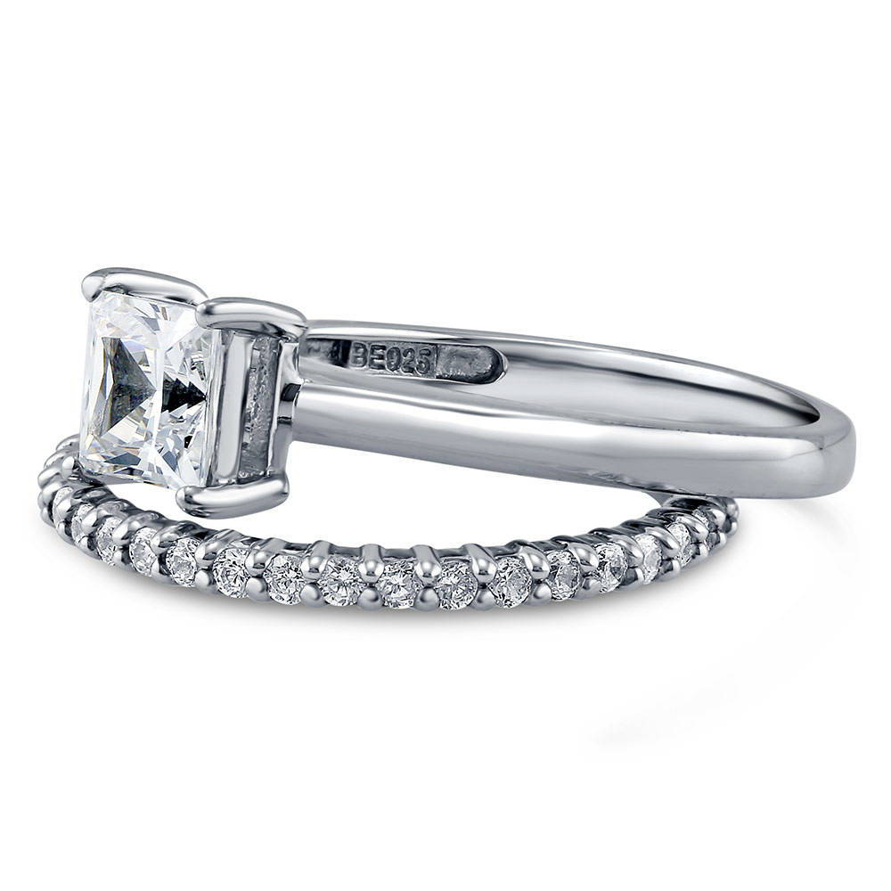 Angle view of Solitaire 1ct Princess CZ Ring Set in Sterling Silver, 4 of 11