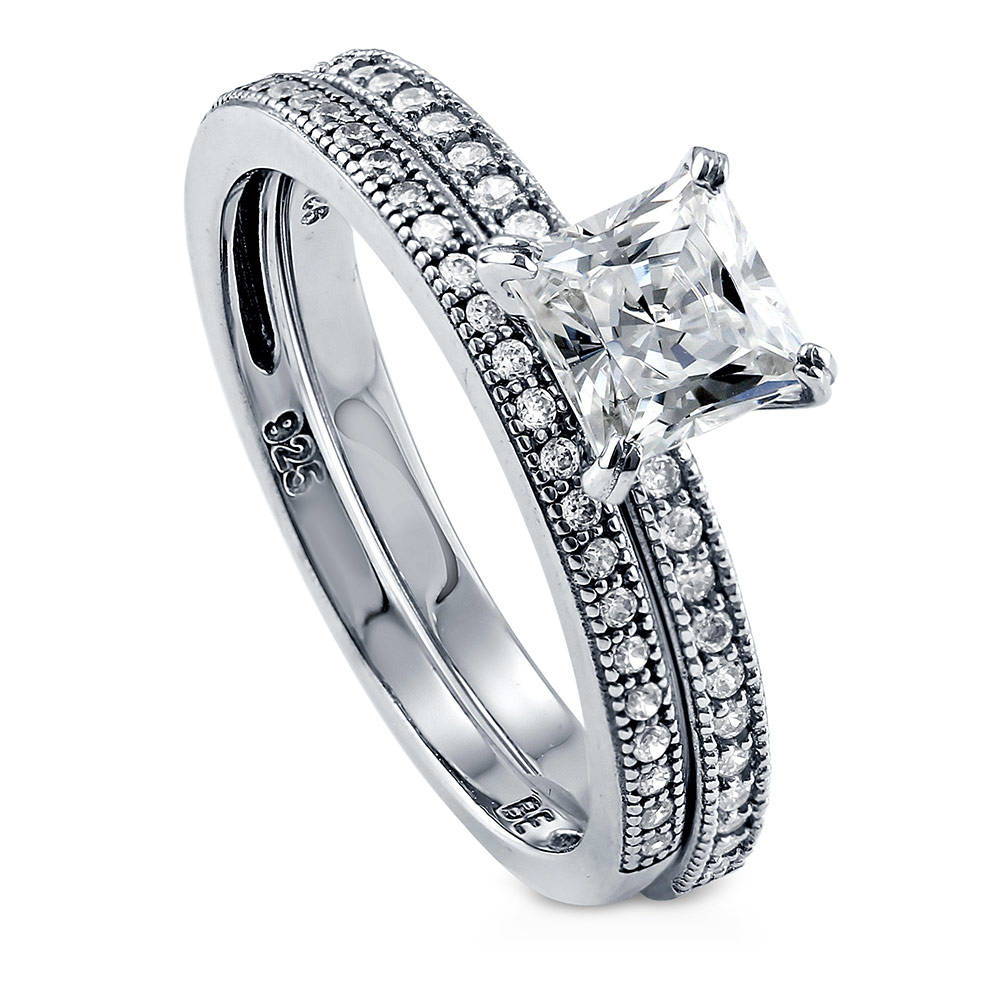 Front view of Solitaire 1ct Princess CZ Ring Set in Sterling Silver, 4 of 10