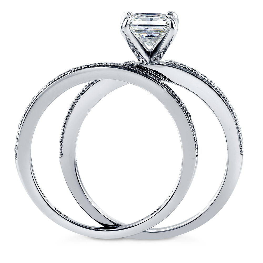 Alternate view of Solitaire 1ct Princess CZ Ring Set in Sterling Silver, 8 of 10