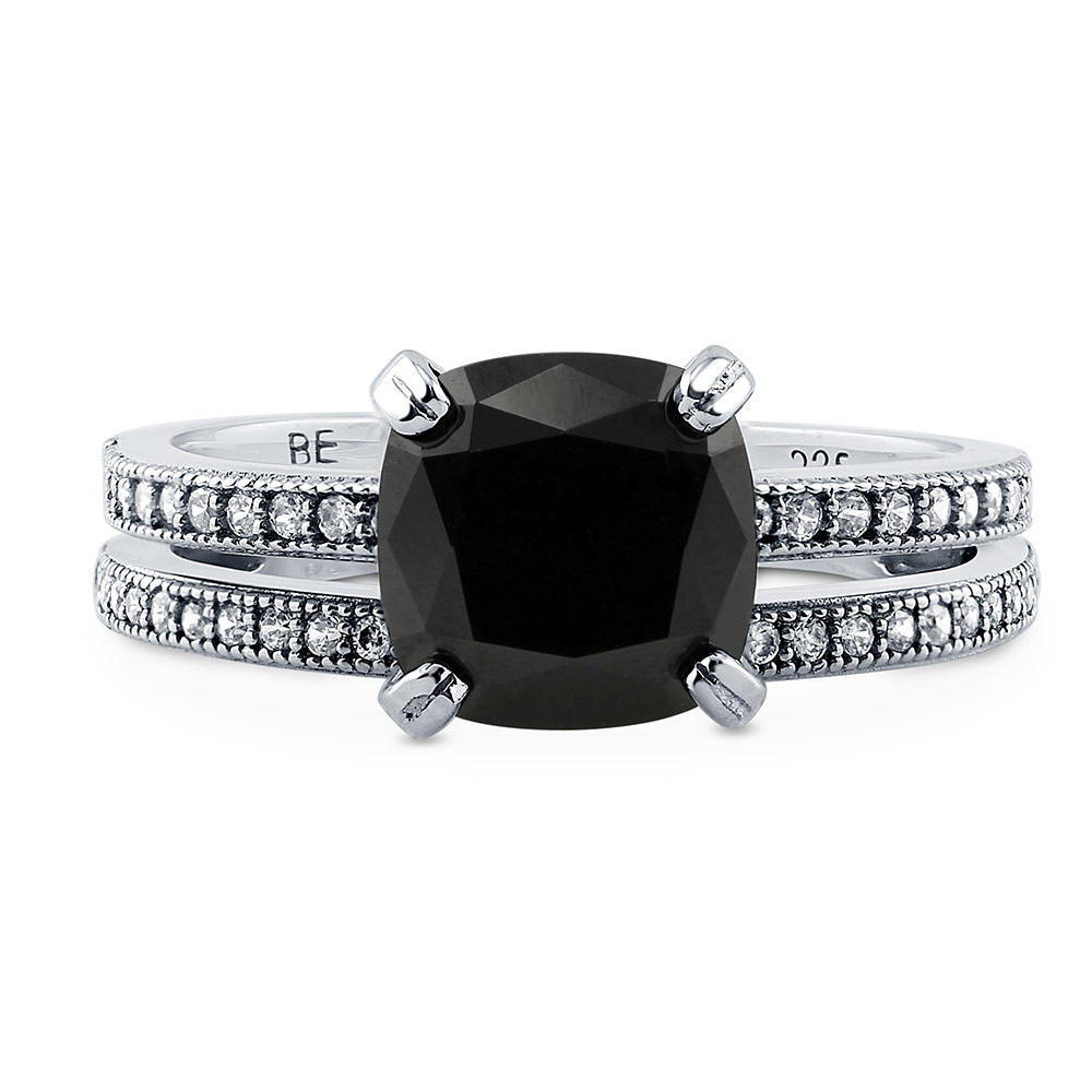 Solitaire 3ct Black Cushion CZ Ring Set in Sterling Silver, 1 of 10
