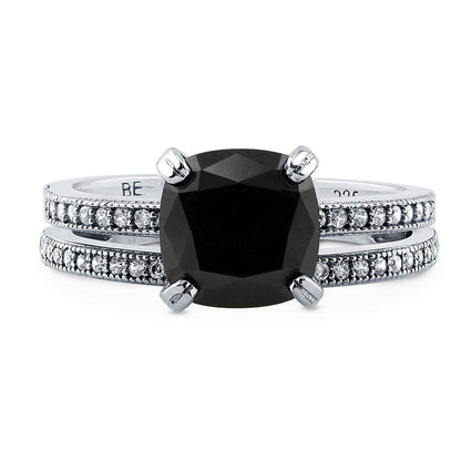 Solitaire 3ct Black Cushion CZ Ring Set in Sterling Silver