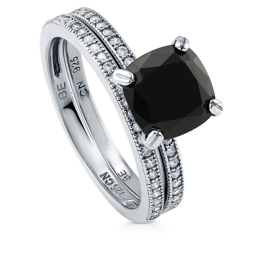 Front view of Solitaire 3ct Black Cushion CZ Ring Set in Sterling Silver, 4 of 10
