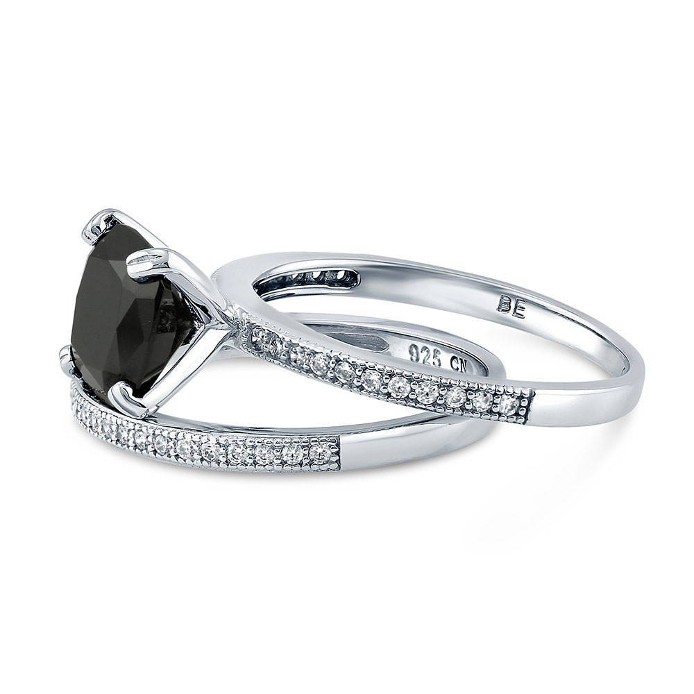 Solitaire 3ct Black Cushion CZ Ring Set in Sterling Silver