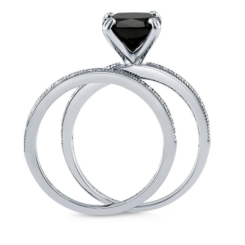 Alternate view of Solitaire 3ct Black Cushion CZ Ring Set in Sterling Silver, 8 of 10