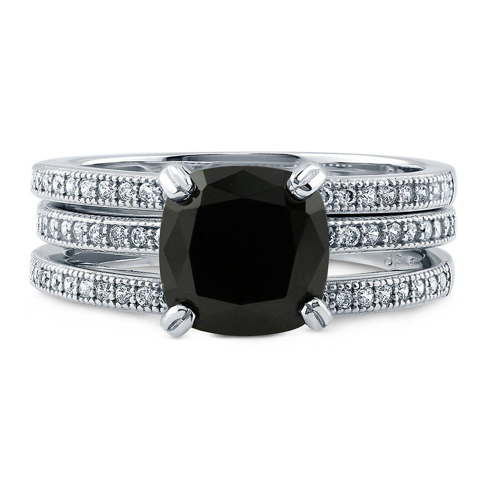 Solitaire 3ct Black Cushion CZ Stackable Ring Set in Sterling Silver