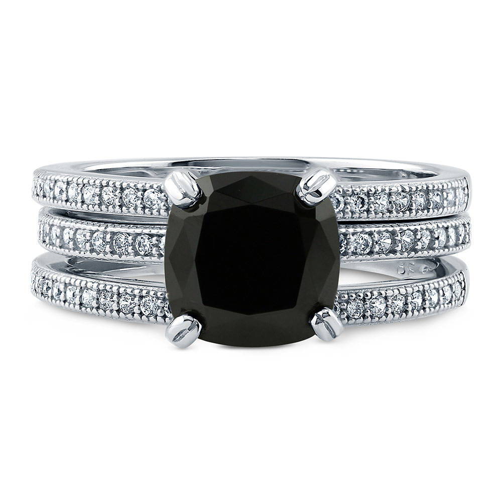 Solitaire 3ct Black Cushion CZ Ring Set in Sterling Silver, 1 of 10
