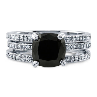 Solitaire 3ct Black Cushion CZ Ring Set in Sterling Silver