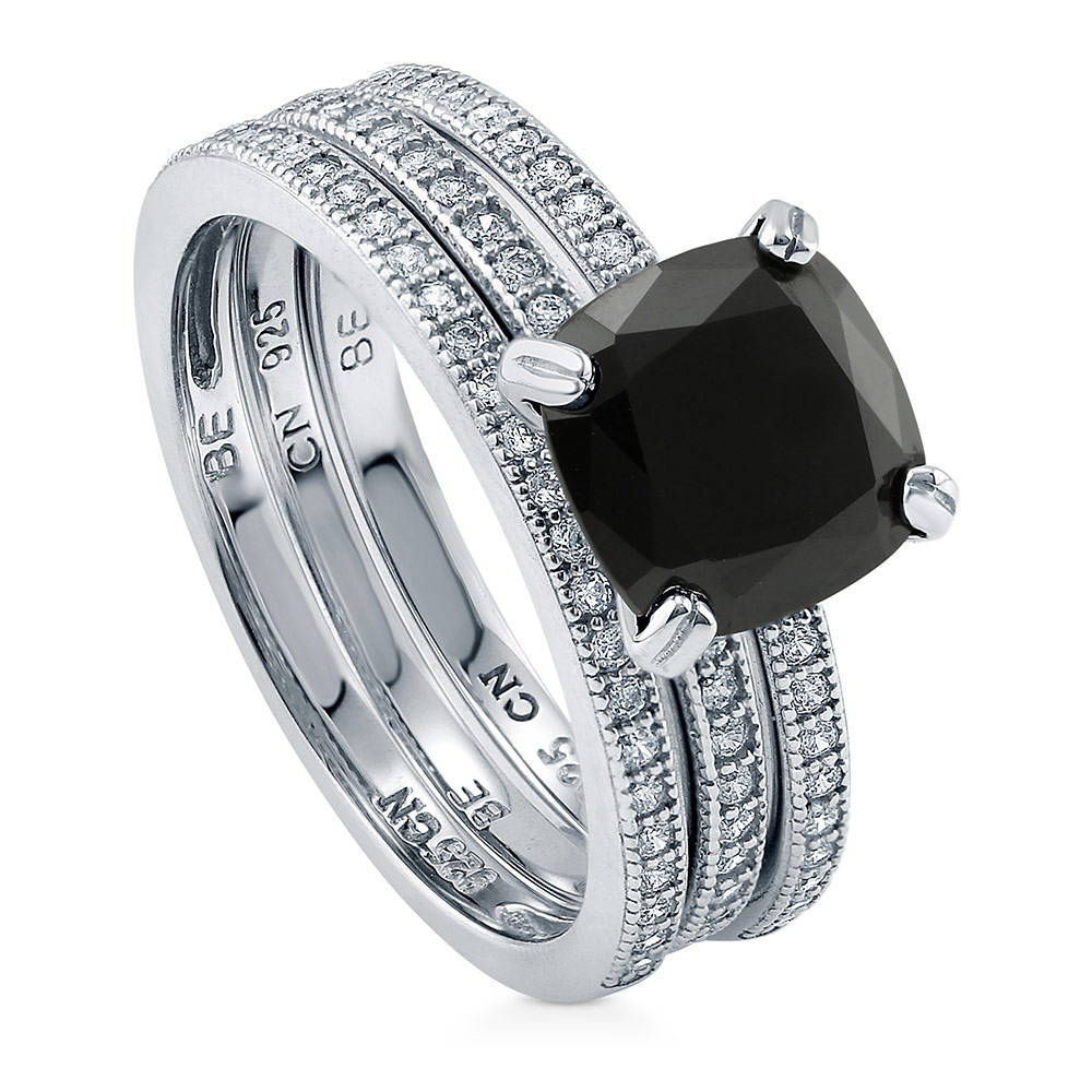 Front view of Solitaire 3ct Black Cushion CZ Ring Set in Sterling Silver, 4 of 10