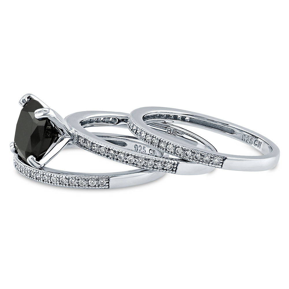 Angle view of Solitaire 3ct Black Cushion CZ Ring Set in Sterling Silver, 5 of 10