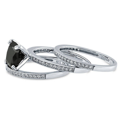 Solitaire 3ct Black Cushion CZ Ring Set in Sterling Silver