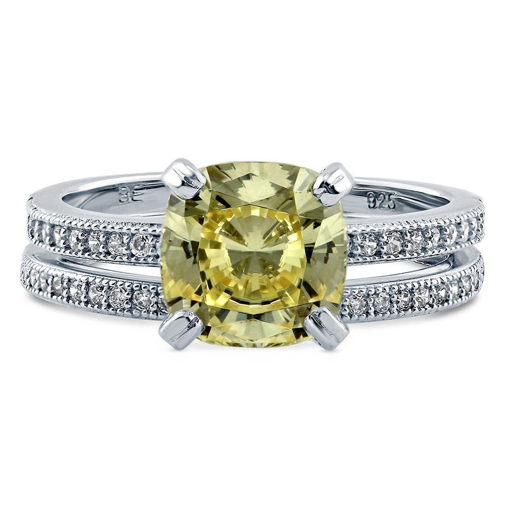 Solitaire 3ct Canary Yellow Cushion CZ Ring Set in Sterling Silver, 1 of 10