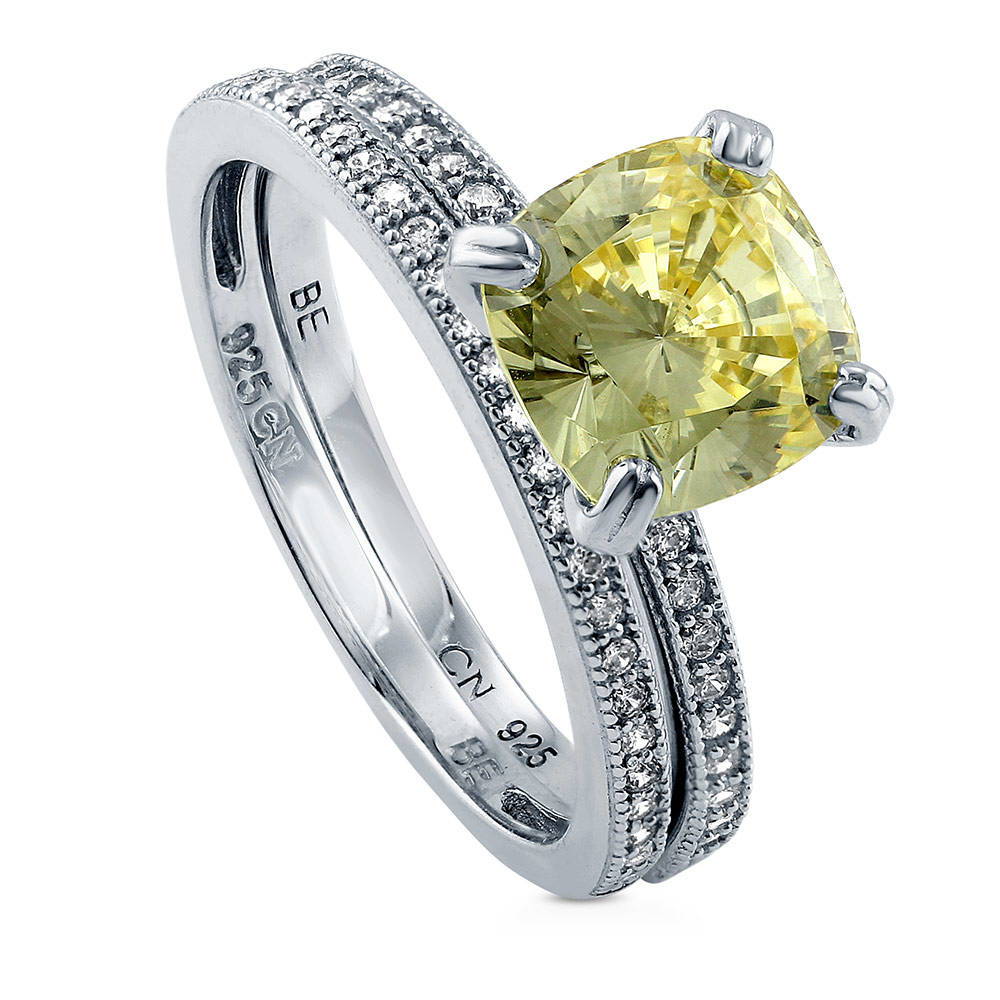 Front view of Solitaire Canary Yellow Cushion CZ Ring Set in Sterling Silver, 4 of 10