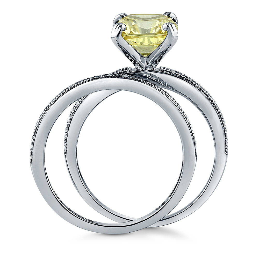 Alternate view of Solitaire 3ct Canary Yellow Cushion CZ Ring Set in Sterling Silver, 8 of 10