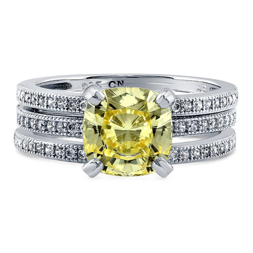 Solitaire Canary Yellow Cushion CZ Ring Set in Sterling Silver, 1 of 10