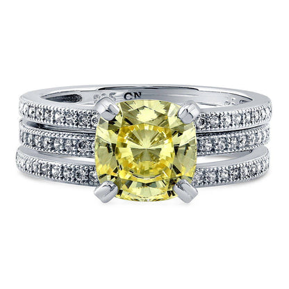 Solitaire Canary Yellow Cushion CZ Ring Set in Sterling Silver