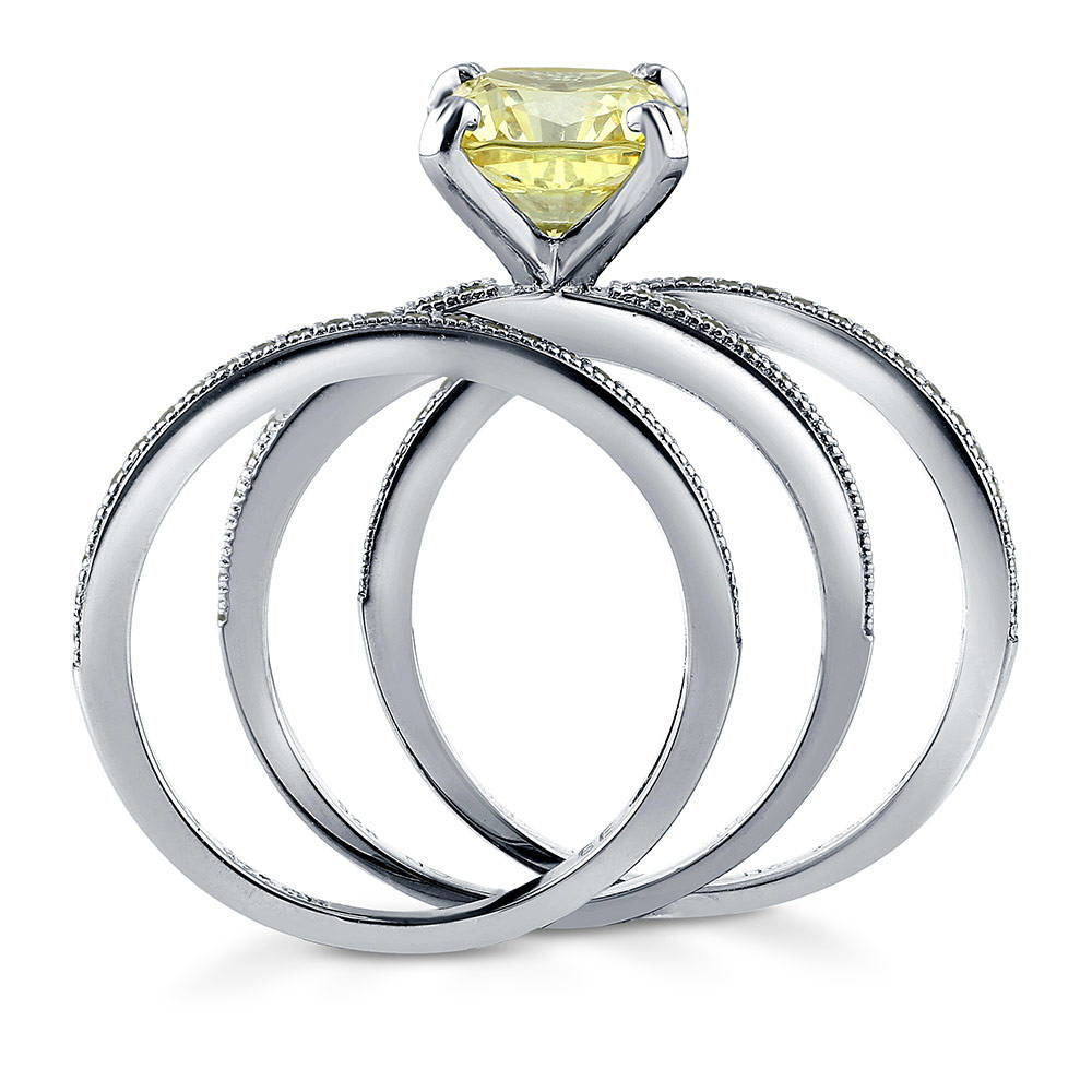 Alternate view of Solitaire 3ct Canary Yellow Cushion CZ Ring Set in Sterling Silver, 8 of 10